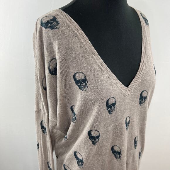 SKULL Cashmere Beige Black V-Neckline Long Sleeve Linen Pullover Sweater Size M - Picture 3 of 7